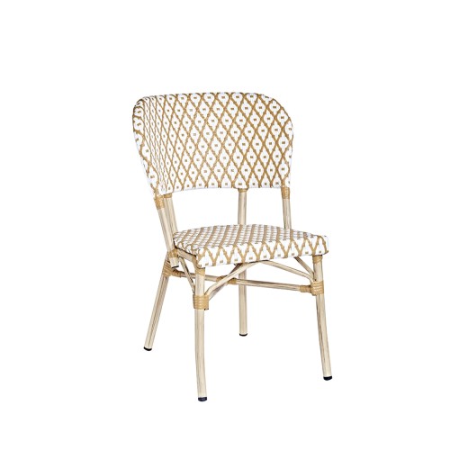 Indoor/Outdoor Tan & White Diamond Pattern Poly Woven Aluminum French Bistro Chair
