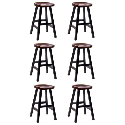 #S124 Bundle Sale, 6 pcs Backless Black Metal Bar Stools with Pinewood Seat in Walnut