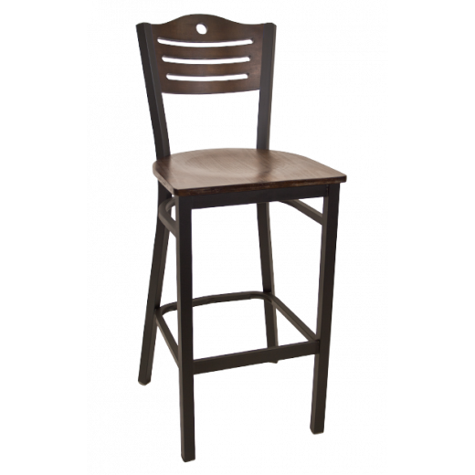 Circle & 3 Slats Back Veneer  Seat Metal Barstool w/ Back & Seat in Walnut