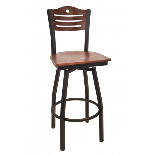 Circle & 3 Slats Back Veneer Seat Metal Swivel Barstool w/ Back in Dark Mahogany