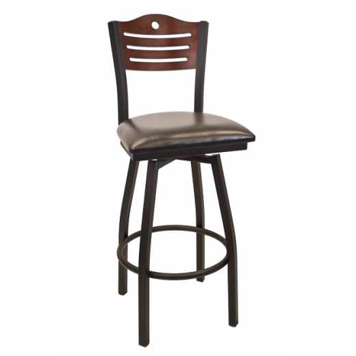 Circle & 3 Slats Back Vinyl Seat Metal Swivel Barstool w/ Back in Dark Mahogany