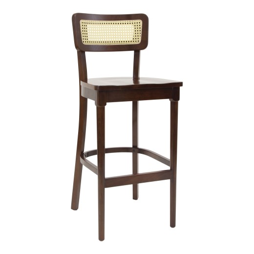 Walnut-Finished Beechwood Indoor Barstool with Solid Seat and Synthetic Cane Rattan Back