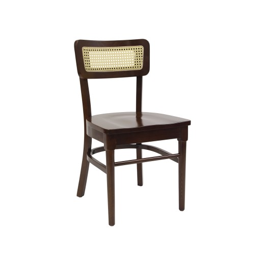 Walnut-Finished Beechwood Indoor Chair with Solid Seat and Synthetic Cane Rattan Back
