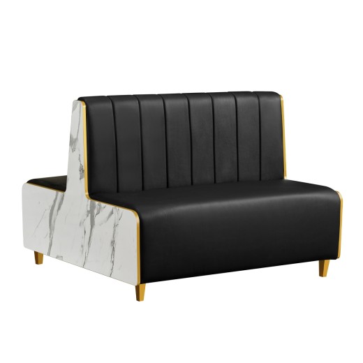 48"L x 36"H Marble-Patterned Melamine Double Booth with Gold PVC Trim & Black Padded Vinyl Vertical Channel Back