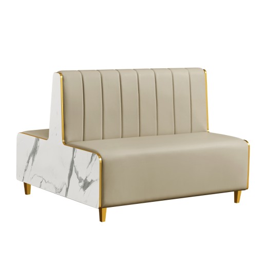 48"L x 36"H Marble-Patterned Melamine Double Booth with Gold PVC Trim & Cream Padded Vinyl Vertical Channel Back