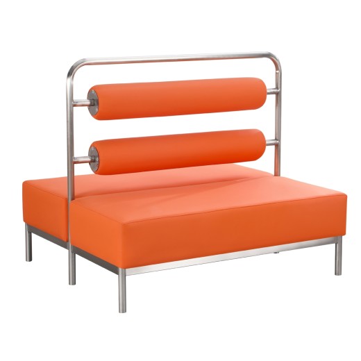 47"L  x 40"H  Stainless Steel Frame Double Booth with Orange Upholstered Dual Cylindrical Backrest