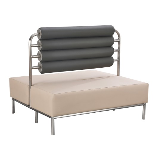 47"L  x 40"H Stainless Steel Frame Double Booth with Upholstered Quad Cylindrical Black Backrest and Beige Seat