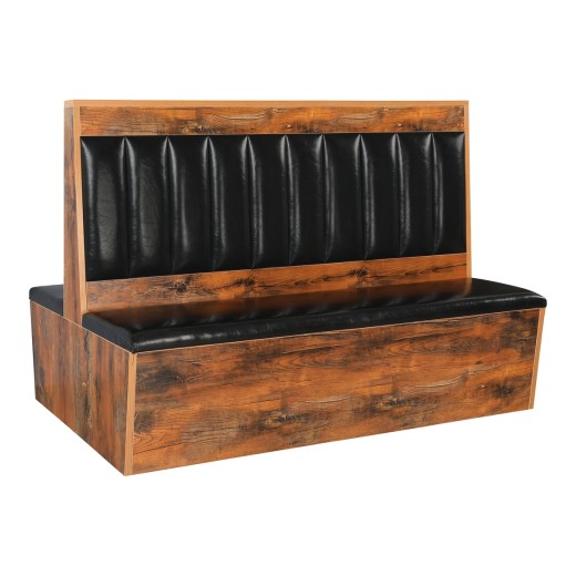 60"L x 46"H Rustic Melamine Double Booth with Vertical 10-Channel Black Vinyl Padded Back and Seat