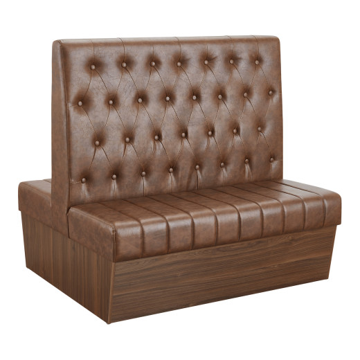 47"L x 46"H Double Booth with Melamine Frame, featuring Button Tufted Vinyl Back and Channel Tufted Seat in Brown.