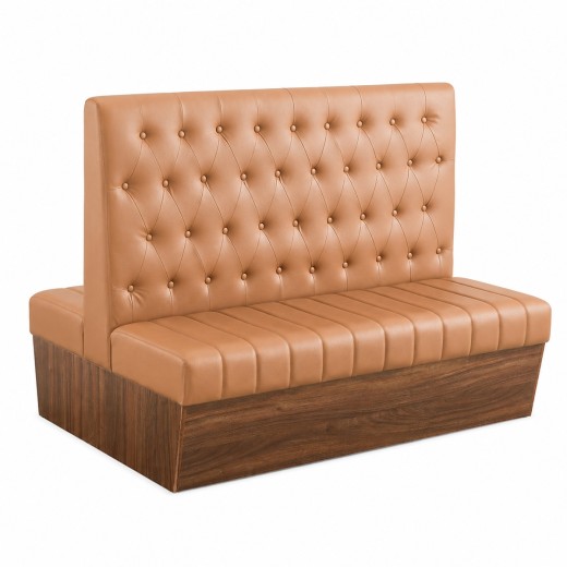 60"L x 46"H Double Booth with Melamine Frame, featuring Button Tufted Vinyl Back and Channel Tufted Seat in Light Brown