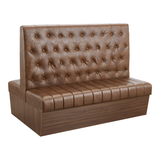 60"L x 46"H Double Booth with Melamine Frame, featuring Button Tufted Vinyl Back and Channel Tufted Seat in Brown