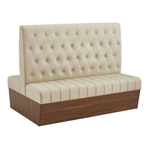 60"L x 46"H Double Booth with Melamine Frame, featuring Button Tufted Vinyl Back and Channel Tufted Seat in Cream