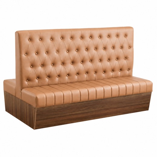 72"L x 46"H Double Booth with Melamine Frame, featuring Button Tufted Vinyl Back and Channel Tufted Seat in Light Brown