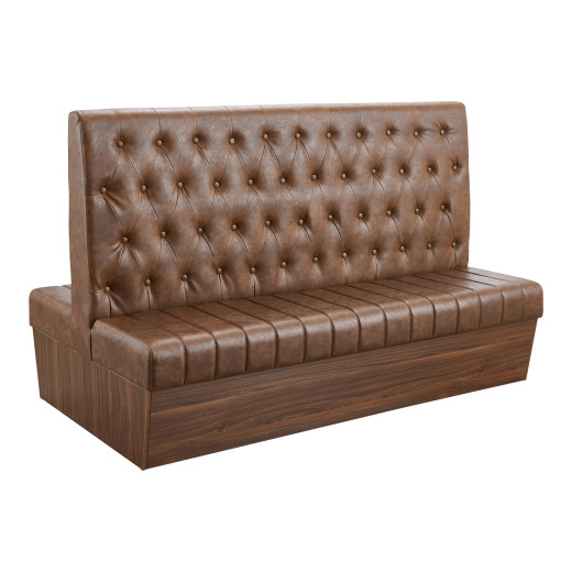 72"L x 46"H Double Booth with Melamine Frame, featuring Button Tufted Vinyl Back and Channel Tufted Seat in Brown