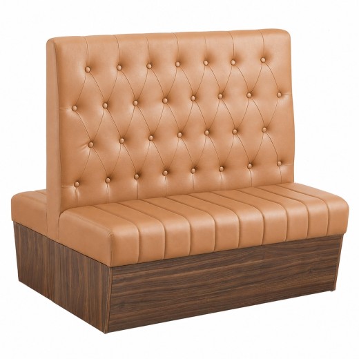 47"L x 46"H Double Booth with Melamine Frame, featuring Button Tufted Vinyl Back and Channel Tufted Seat in Light Brown