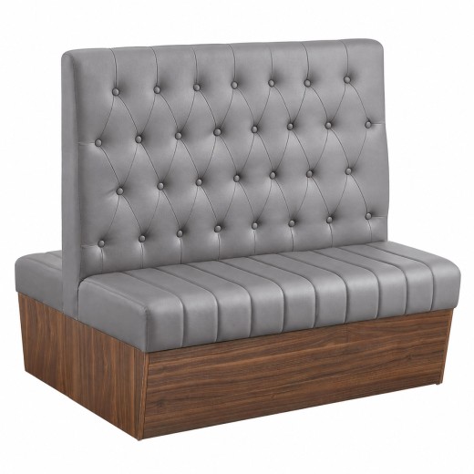 47"L x 46"H Double Booth with Melamine Frame, featuring Button Tufted Vinyl Back and Channel Tufted Seat in Gray