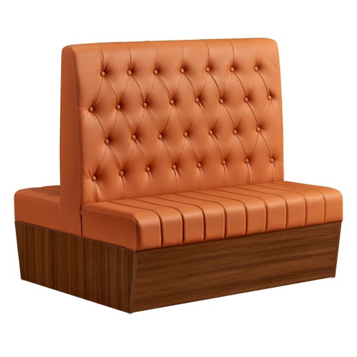 47"L x 46"H Double Booth with Melamine Frame, featuring Button Tufted Vinyl Back and Channel Tufted Seat in Orange