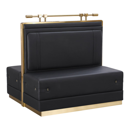 47"L x 46"H Double Booth with Black Upholstered Seat and Backrest, Melamine Base, Gold Stainless Steel Frame, and Top Bar Accent