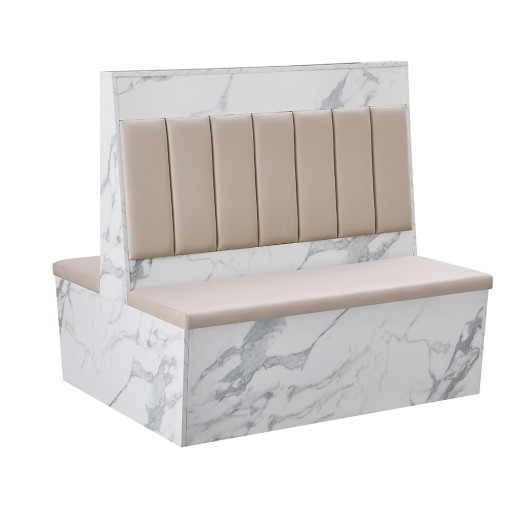 46"H x 47"L Vertical Channel Double Booth With Cream Vinyl Seat & Back and Marble Patterned Melamine Frame