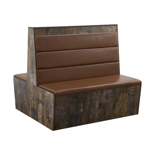 47"L x 46" H  Double Booth with Horizontal Channel Back, Brown Vinyl Upholstery, and Walnut Melamine Base