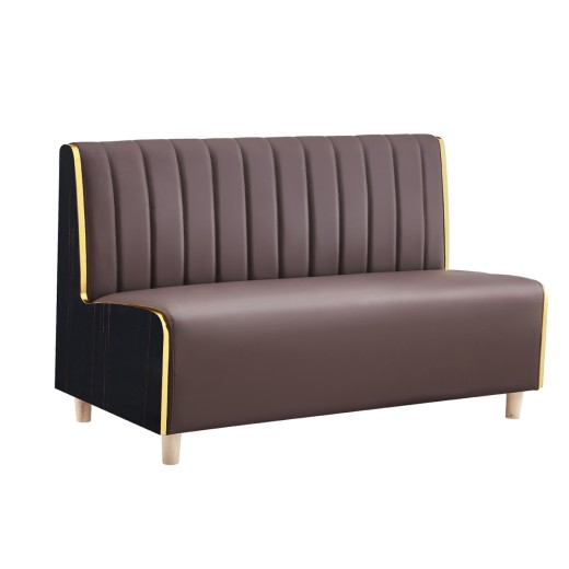 60"L x 35"H Modern Upholstered Single Booth with Brown Vinyl Seat, Vertical Channel Back, and Black Marble Melamine Frame with Gold Accents