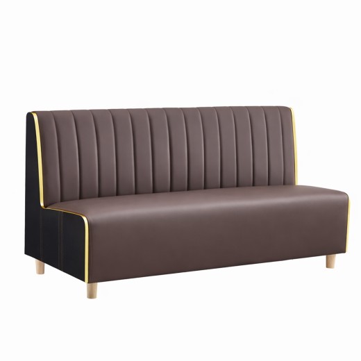 72"L x 35"H Modern Upholstered Single Booth with Brown Vinyl Seat, Vertical Channel Back, and Black Marble Melamine Frame with Gold Accents