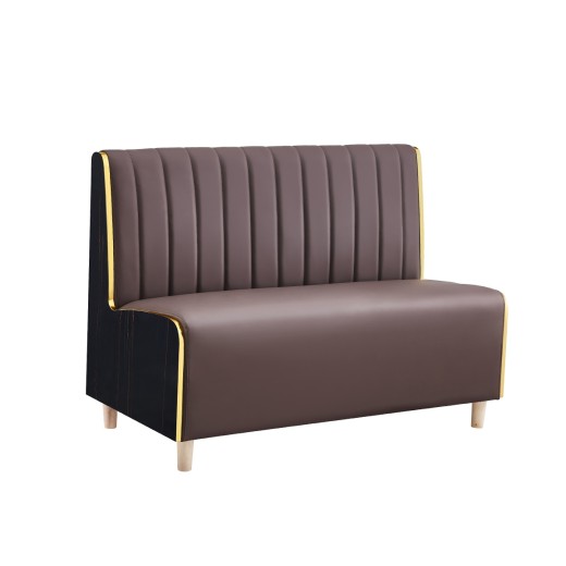48"L x 35"H Modern Upholstered Single Booth with Brown Vinyl Seat, Vertical Channel Back, and Black Marble Melamine Frame with Gold Accents