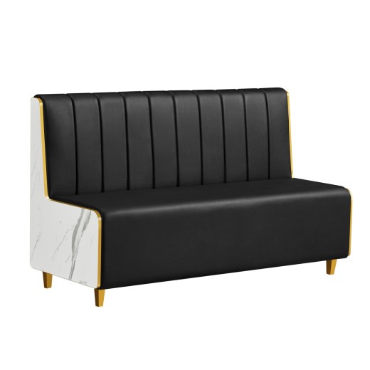 60"L x 36"H Marble-Patterned Melamine Single Booth with Gold PVC Trim & Black Padded Vinyl Vertical Channel Back