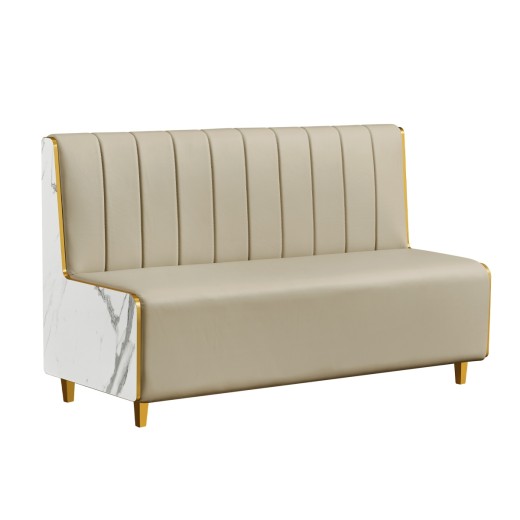 60"L x 36"H Marble-Patterned Melamine Single Booth with Gold PVC Trim & Cream Padded Vinyl Vertical Channel Back