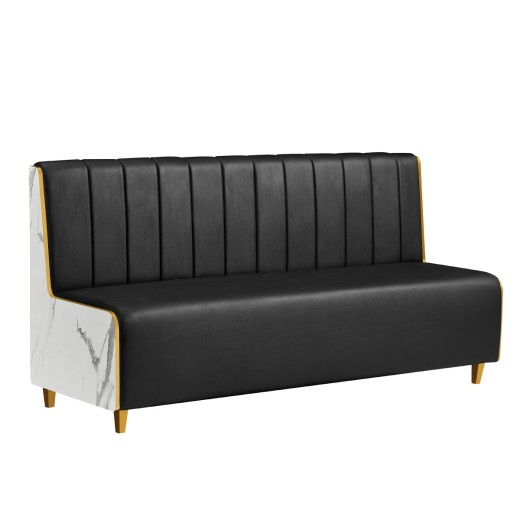 72"L x 36"H Marble-Patterned Melamine Single Booth with Gold PVC Trim & Black Padded Vinyl Vertical Channel Back