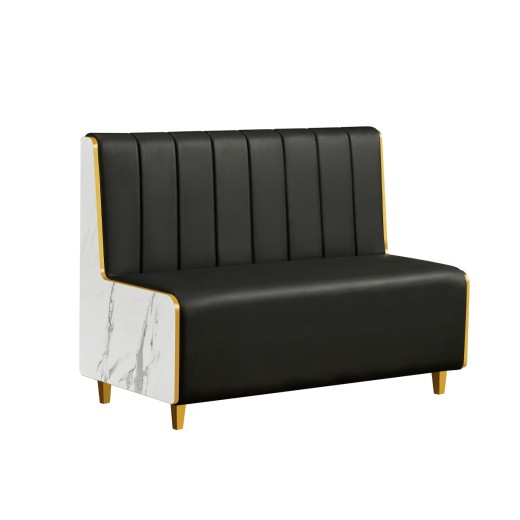 48"L x 36"H Marble-Patterned Melamine Single Booth with Gold PVC Trim & Black Padded Vinyl Vertical Channel Back