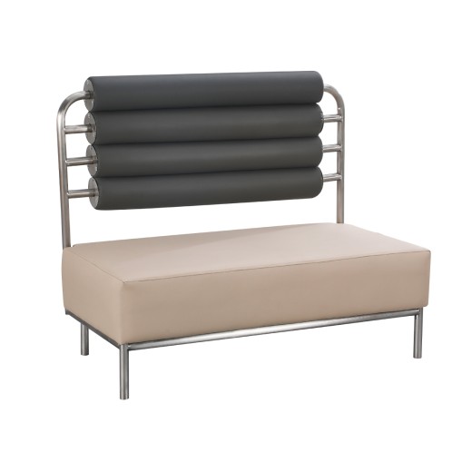 47"L  x 40"H Stainless Steel Frame Single Booth with Upholstered Quad Cylindrical Black Backrest and Beige Seat
