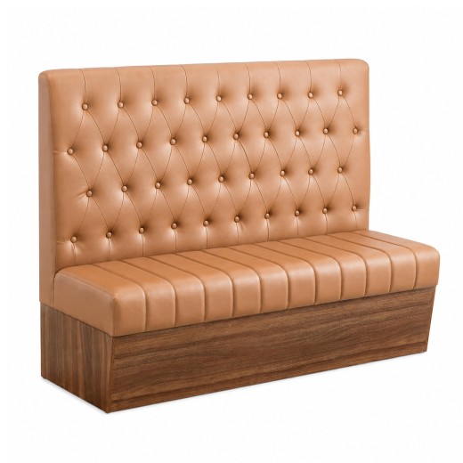 72"L x 46"H Single Booth with Melamine Frame, featuring Button Tufted Vinyl Back and Channel Tufted Seat in Light Brown