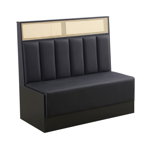 47''L x 46"H Melamine Wood Single Booth w/ Black Vinyl Seat & Back & Natural Woven Rattan Head Roll