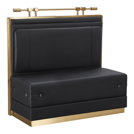 47"L x 46"H Single Booth with Black Upholstered Seat and Backrest, Melamine Base, Gold Stainless Steel Frame, and Top Bar Accent