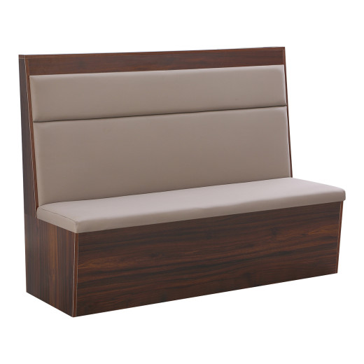 60"L x 46"H Single Booth with Beige Upholstered Seat and Backrest, Walnut Veneer Base, and Clean Minimalist Design