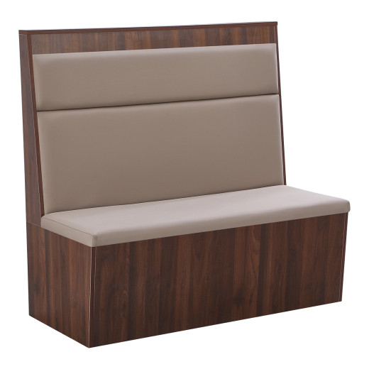 47"L x 46"H Single Booth with Beige Upholstered Seat and Backrest, Walnut Veneer Base, and Clean Minimalist Design