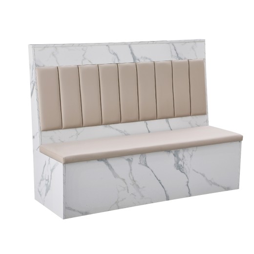 46"H x 60"L Vertical Channel Single Booth With Cream Vinyl Seat & Back and Marble Patterned Melamine Frame