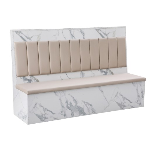 46"H x 72"L Vertical Channel Single Booth With Cream Vinyl Seat & Back and Marble Patterned Melamine Frame