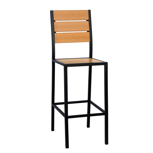 Black Steel Barstool with Horizontal Imitation Teak Slat Back & Seat
