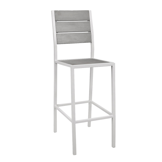 White Steel Barstool with Horizontal Imitation Teak Horizontal Slat Back & Seat