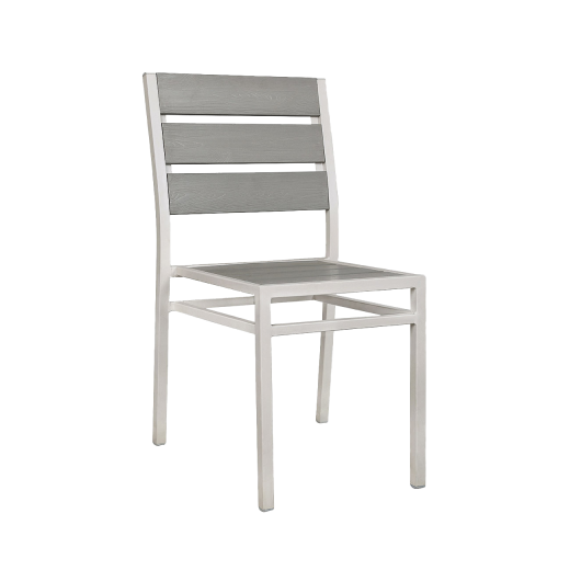 White Steel Chair with Horizontal Imitation Teak Horizontal Slat Back & Seat