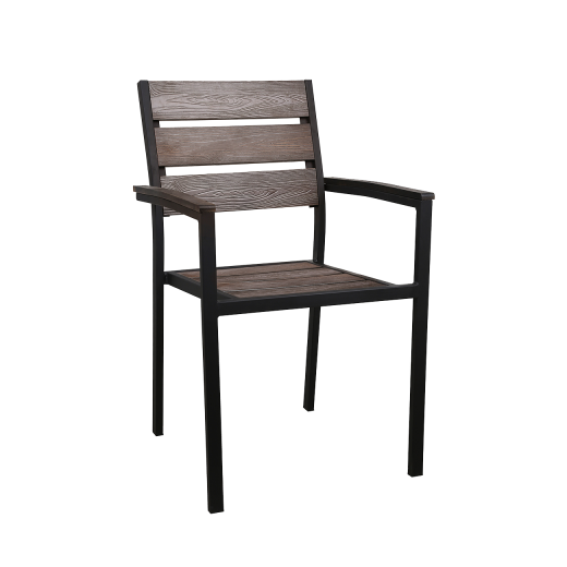 Outdoor Black Steel Armchair with Imitation Teak Slat (textured) Back & Seat