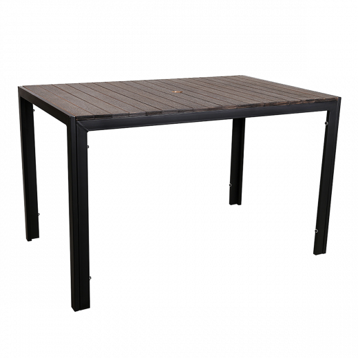 30"x48" Black Steel Table with 1.5" Umbrella Hole, Dark Brown Imitation Teak Slat 