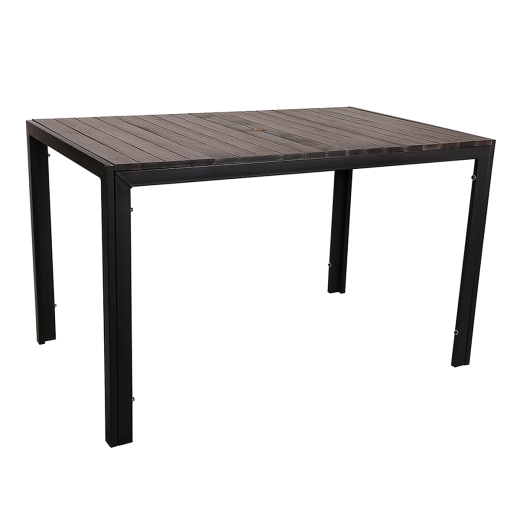 30"x48" Black Steel Table with 1.5" Umbrella Hole, Dark Brown Textured Imitation Teak Slat
