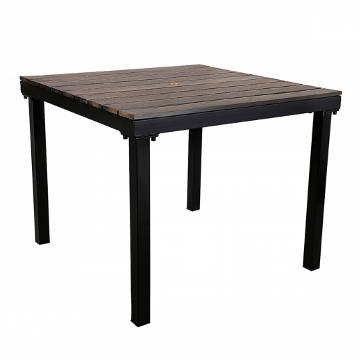 36"x36" Black Steel Table with 1.5" Umbrella Hole, Dark Brown Imitation Teak Slat