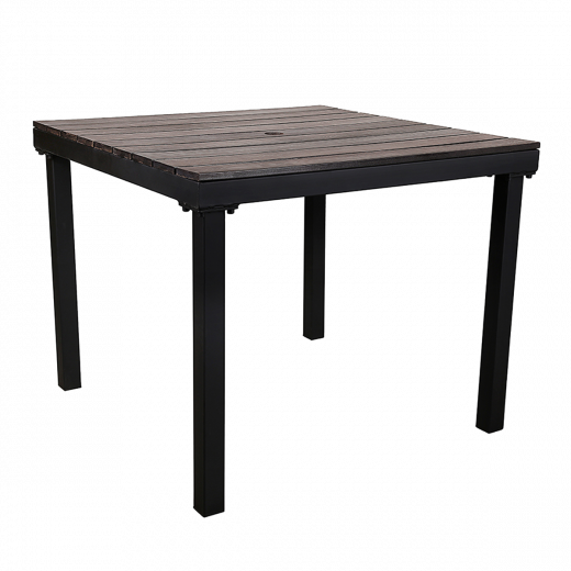 36"x36" Black Steel Table with 1.5" Umbrella Hole, Dark Brown Textured Imitation Teak Slat 