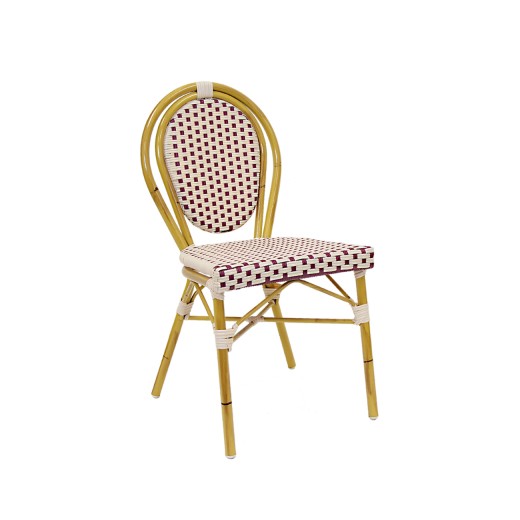 Outdoor Bamboo-Inspired Metal Chair with Burgundy Check Poly Weave Seat & Back