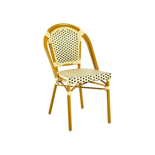 Outdoor Honey-Toned Metal Chair with Sophisticated Cream & Black Poly Woven Seat & Back
