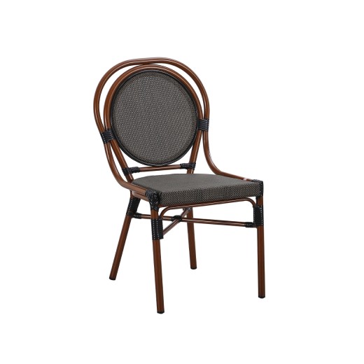 Outdoor Aluminum Dining Chair with Woven Charcoal Poly Design and Walnut Wood-Look Finish